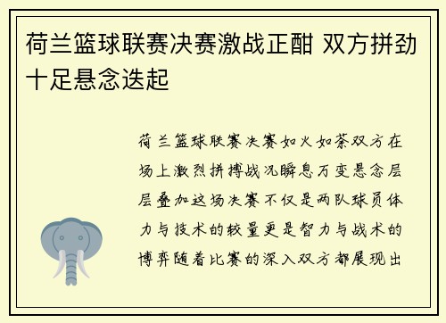 荷兰篮球联赛决赛激战正酣 双方拼劲十足悬念迭起