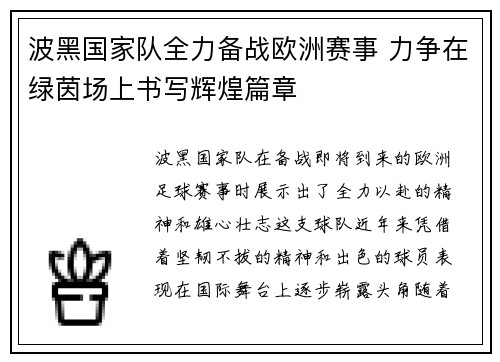 波黑国家队全力备战欧洲赛事 力争在绿茵场上书写辉煌篇章