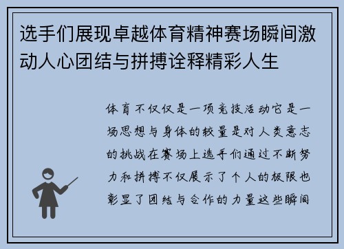 选手们展现卓越体育精神赛场瞬间激动人心团结与拼搏诠释精彩人生