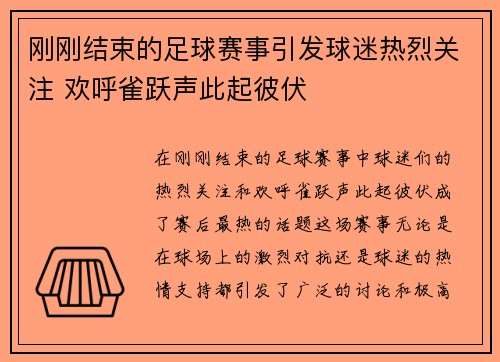 刚刚结束的足球赛事引发球迷热烈关注 欢呼雀跃声此起彼伏